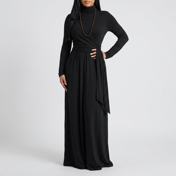 Black maxi dress long sleeve turtleneck wrap style