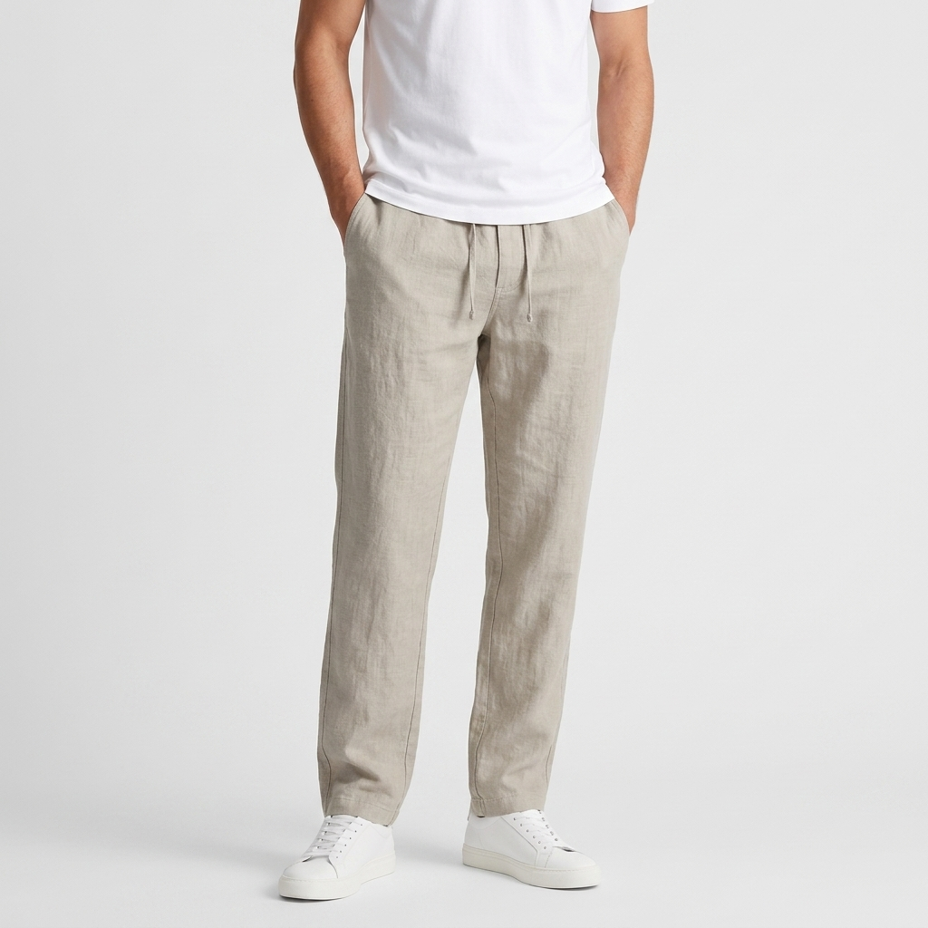 Mens beige drawstring trousers with straight leg fit and relaxed silhouette