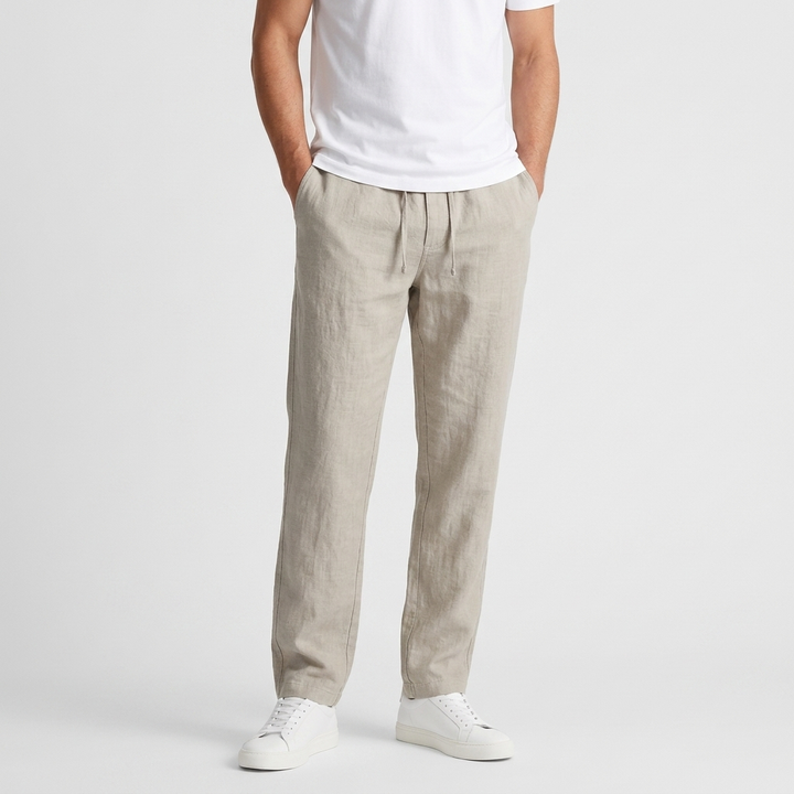 Mens beige drawstring trousers with straight leg fit and relaxed silhouette