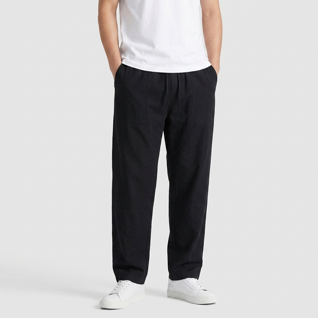 Mens black relaxed fit trousers with straight leg design and side pockets
