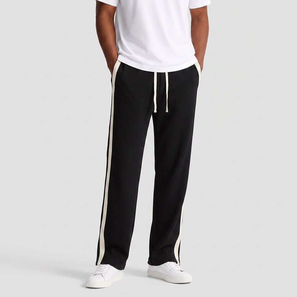 Mens black drawstring trousers with contrast side stripe and straight leg fit