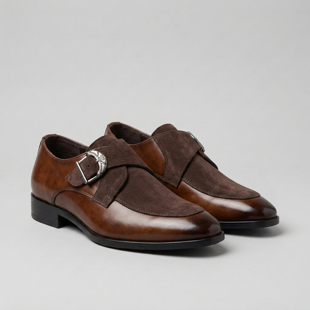 Mens brown monk strap dress shoes with buckle closure and polished finish
