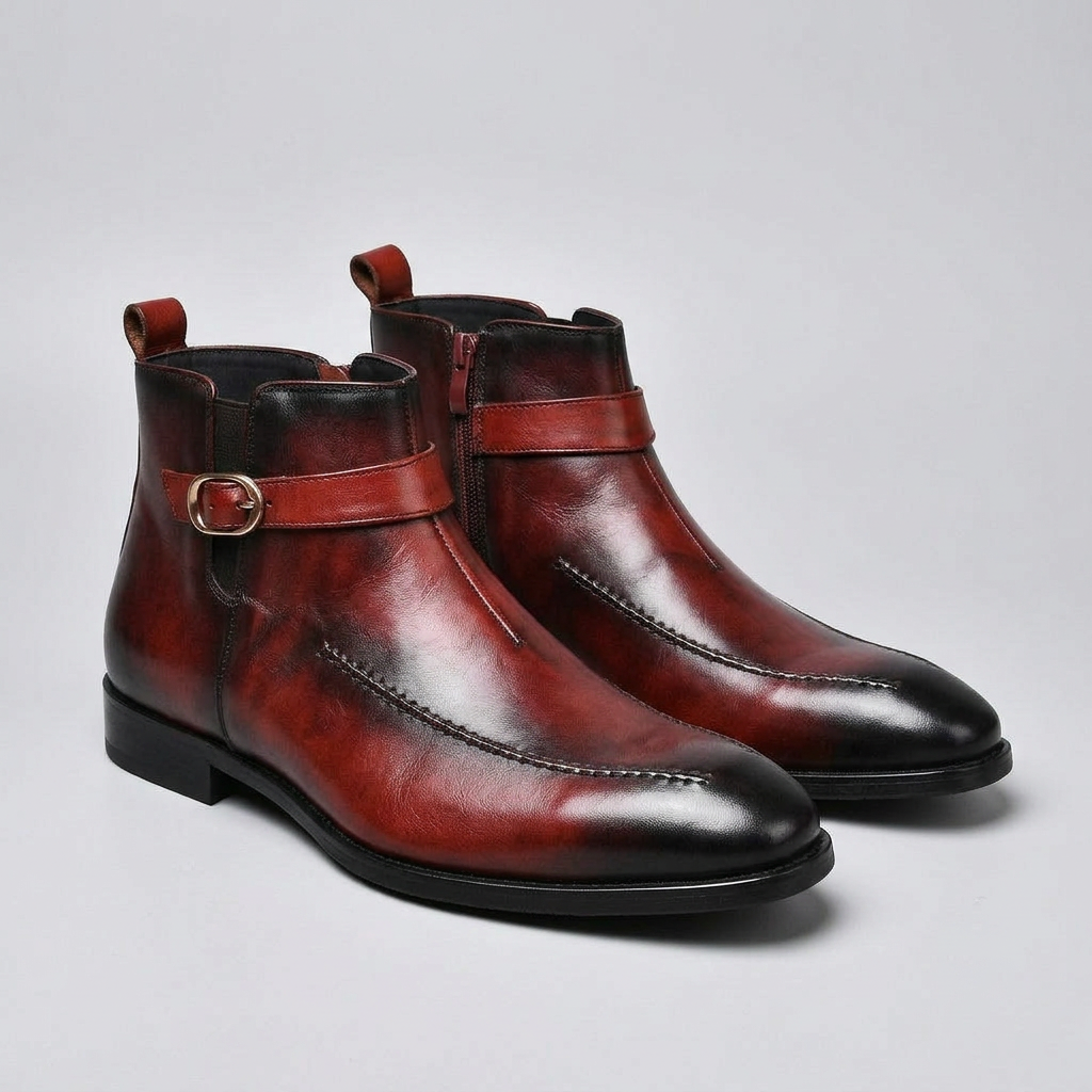 Mens burgundy ankle boots with buckle strap detail and side zip closure