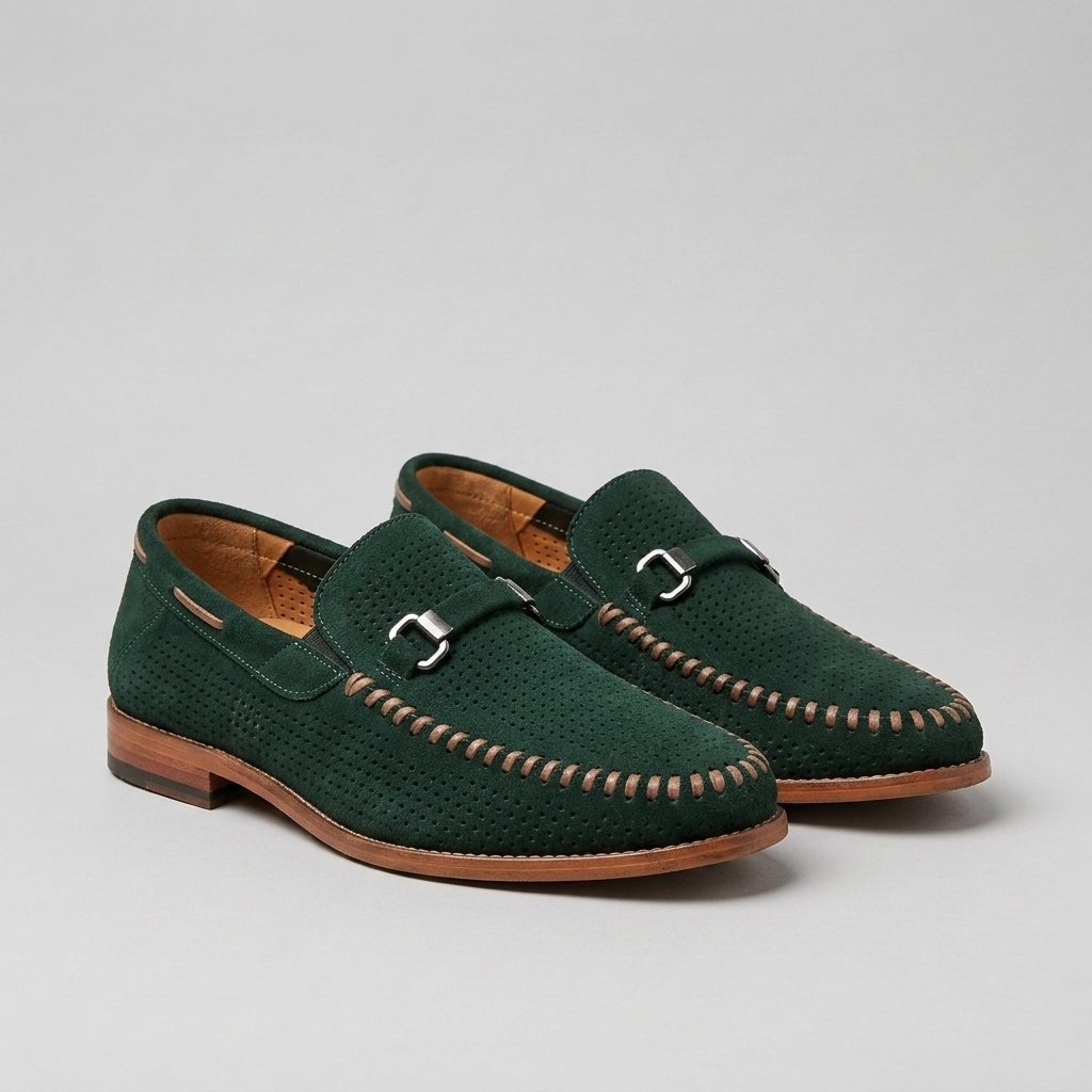Mens dark green perforated loafers with metal bit detail and slip on design