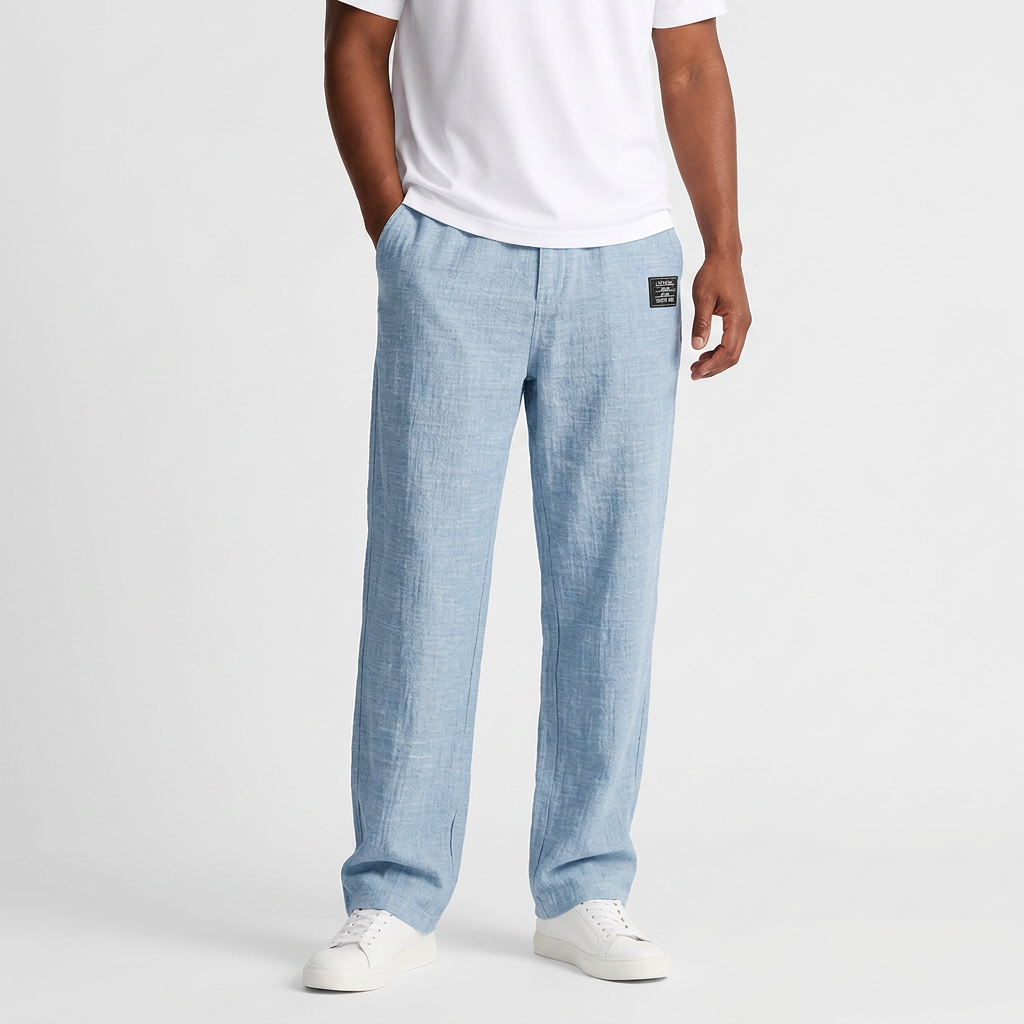 Mens light blue relaxed fit trousers with straight leg design