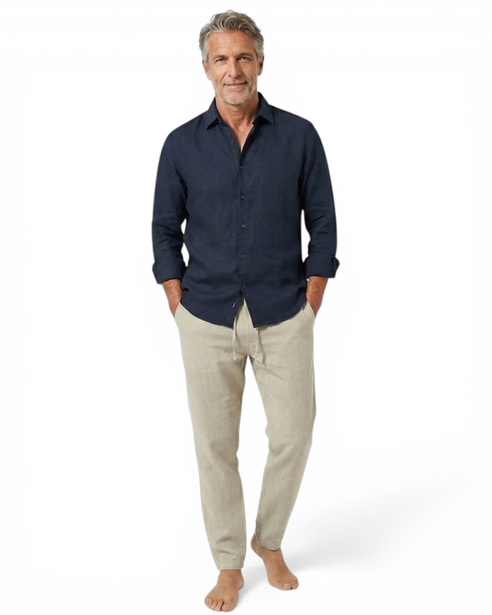 Mens relaxed button front casual shirt with long sleeves and collared neckline paired with drawstring trousers for everyday wear