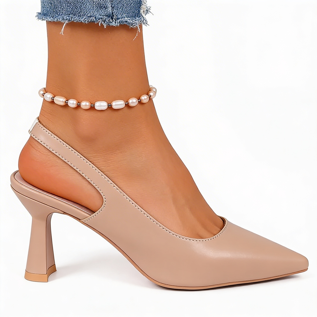 Womens beige slingback heels with pointed toe and sculpted high heel