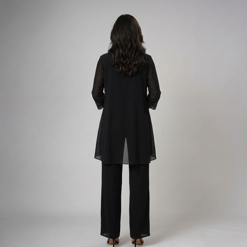 Womens black chiffon trousers set with sheer longline cardigan and wide leg trousers