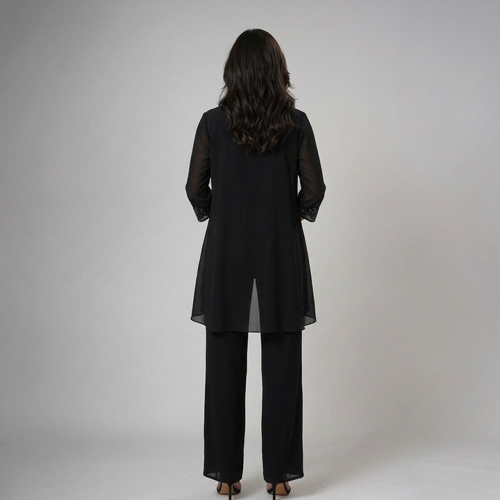 Womens black chiffon trousers set with sheer longline cardigan and wide leg trousers