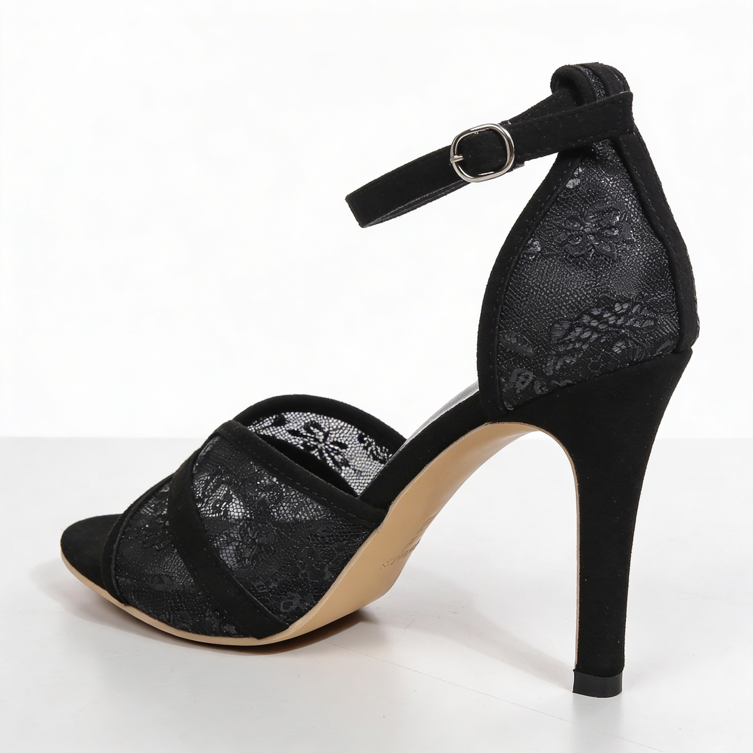Womens black lace ankle strap heels with open toe design, ankle strap closure and floral mesh detailing