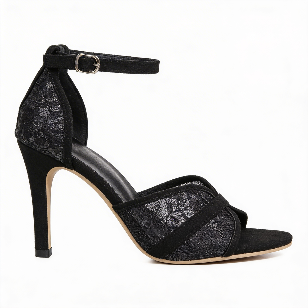 Womens black lace ankle strap heels with open toe design, ankle strap closure and floral mesh detailing