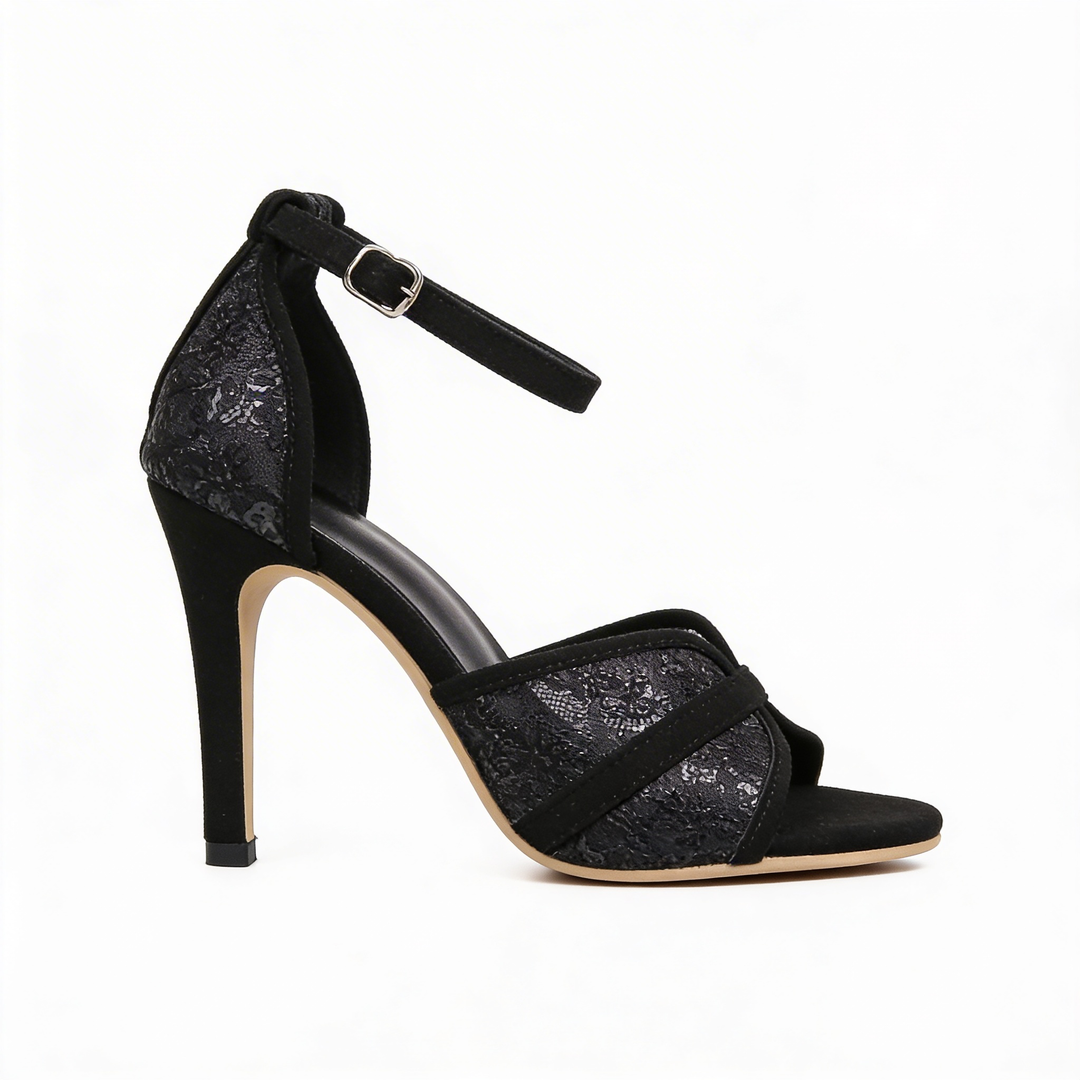 Womens black lace ankle strap heels with open toe design, ankle strap closure and floral mesh detailing