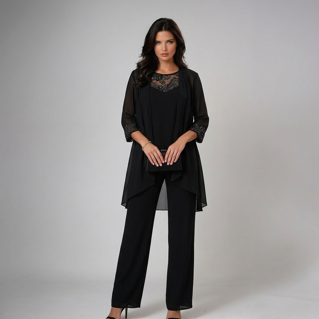 Womens black lace trousers set with sheer open front cardigan wide leg trousers and lace detail top