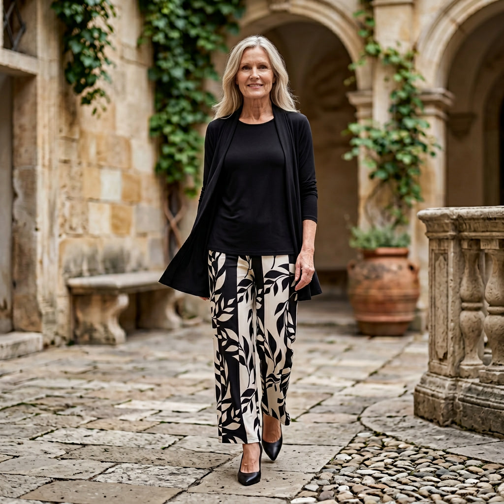 Womens black trousers set with leaf print wide leg trousers and open front cardigan