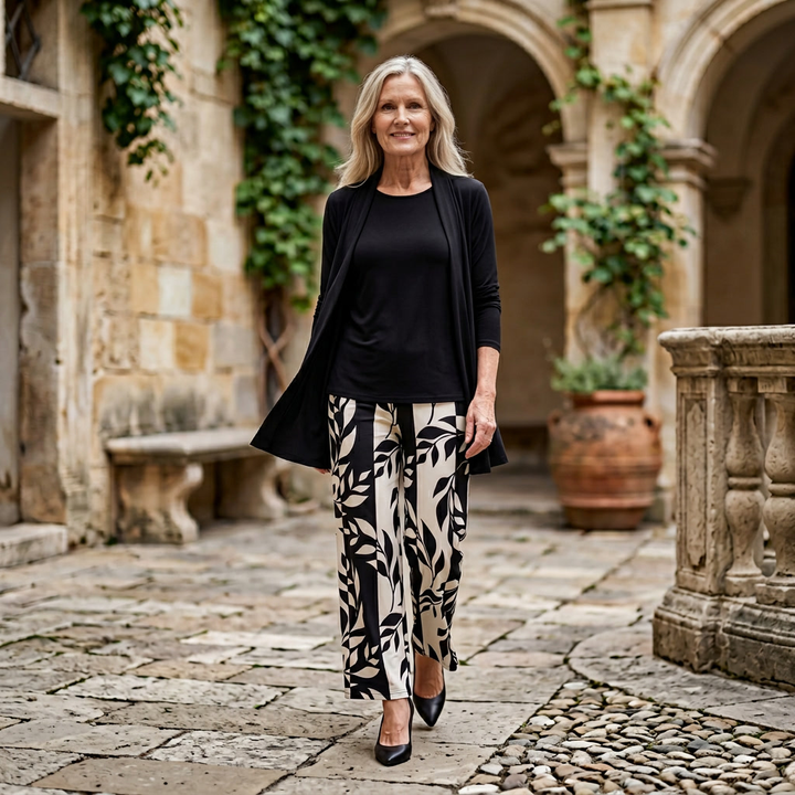 Womens black trousers set with leaf print wide leg trousers and open front cardigan
