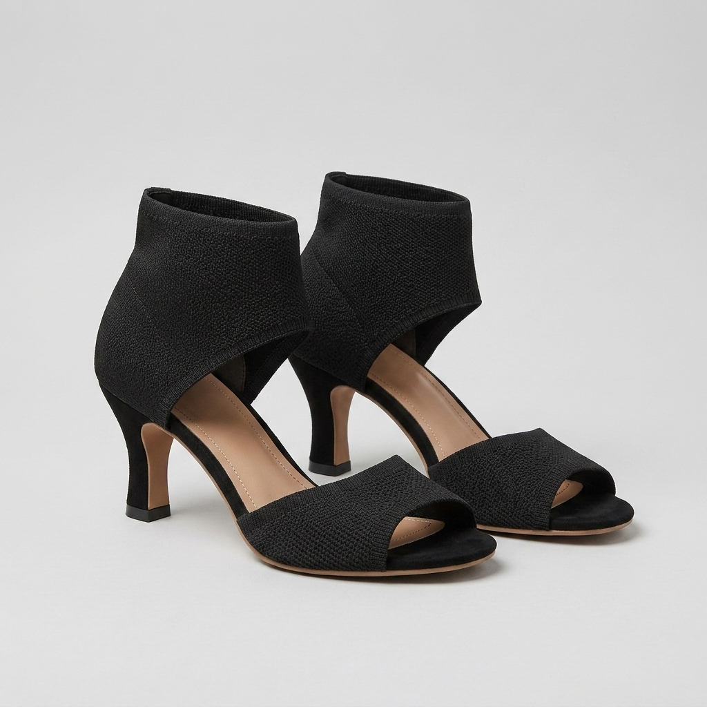 Womens black open toe heels with ankle cuff and mid heel design