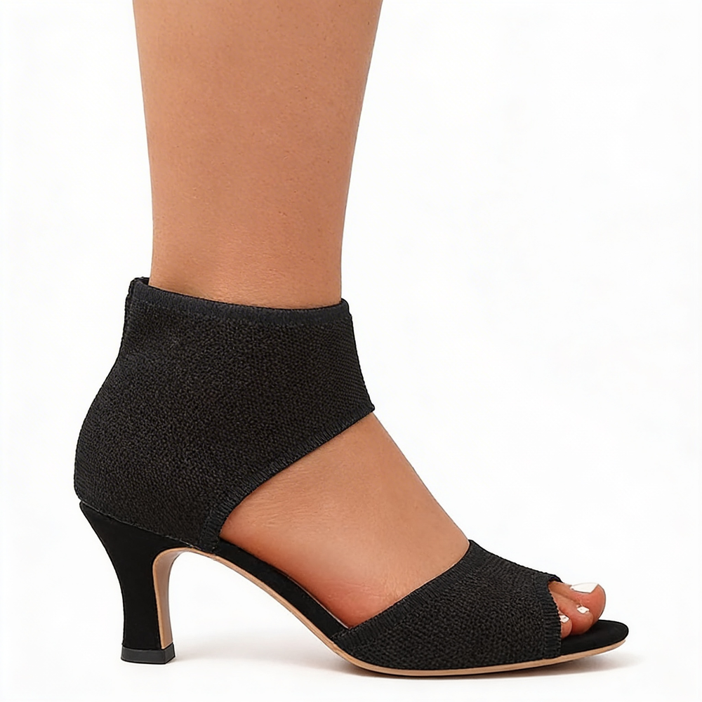Womens black open toe heels with ankle cuff design and textured knit upper