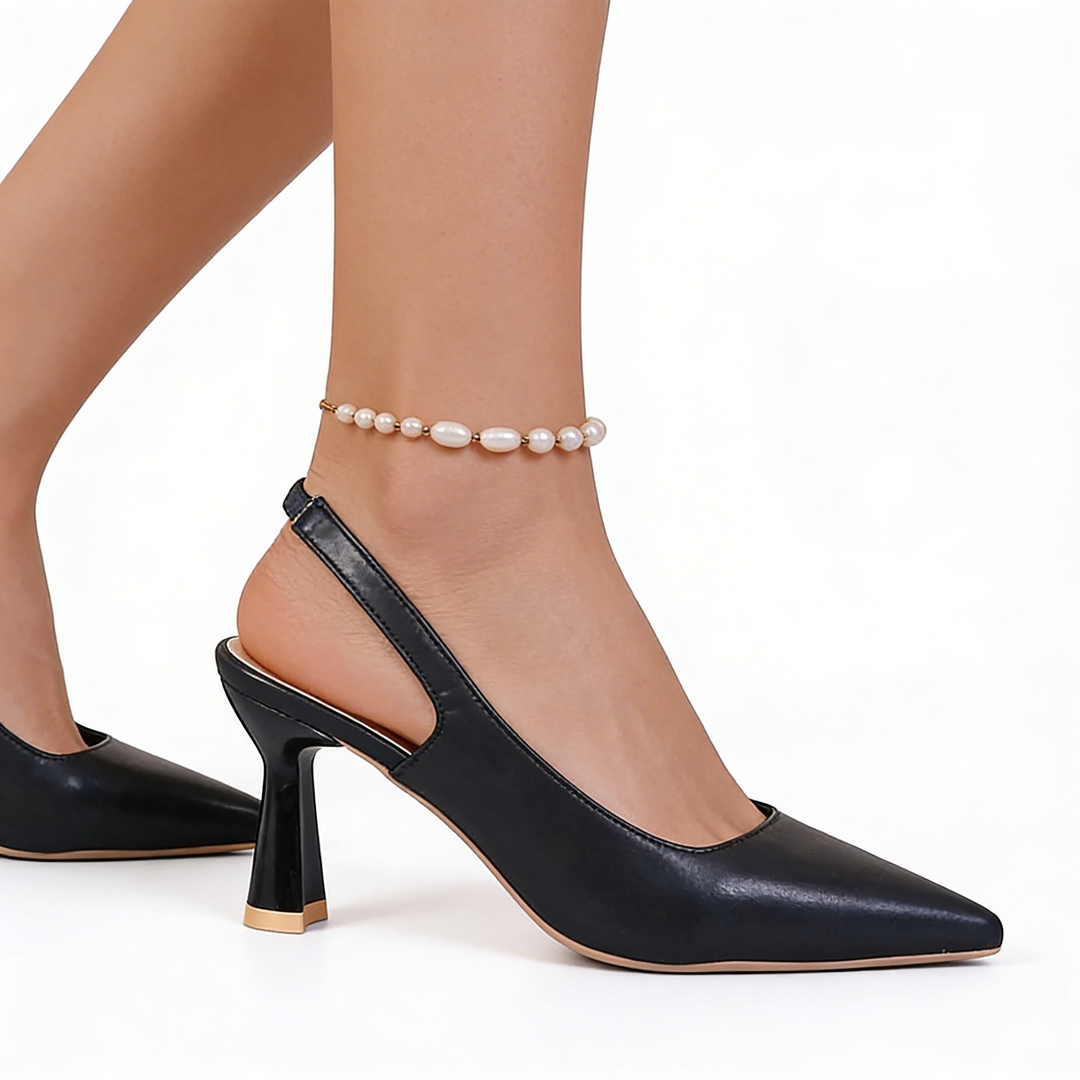 Womens black slingback heels with pointed toe and sculpted mid heel
