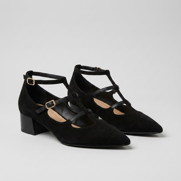 Womens black t strap heels with buckle closure and pointed toe design
