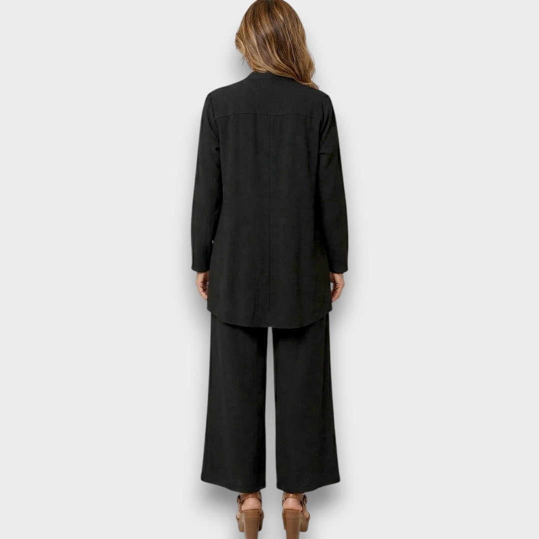 Womens black three piece lounge set with open front cardigan wide leg trousers and relaxed fit top