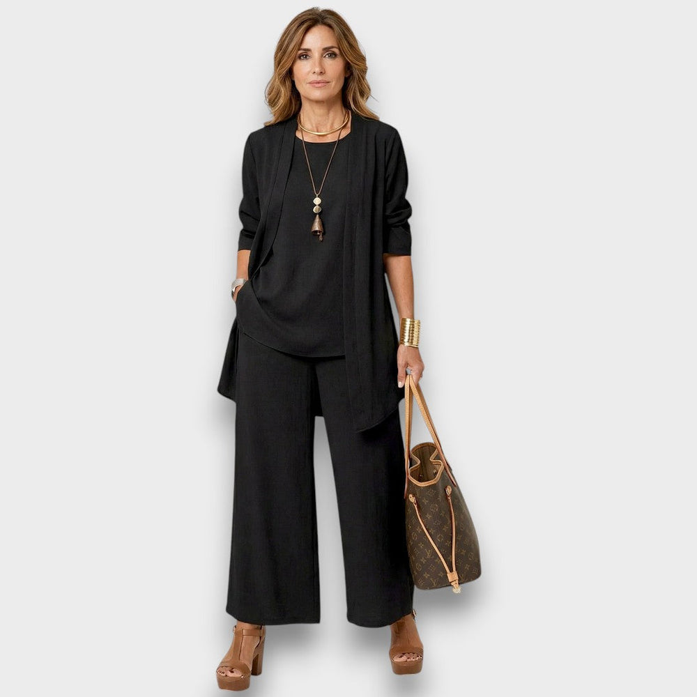 Womens black three piece lounge set with open front cardigan wide leg trousers and relaxed fit top