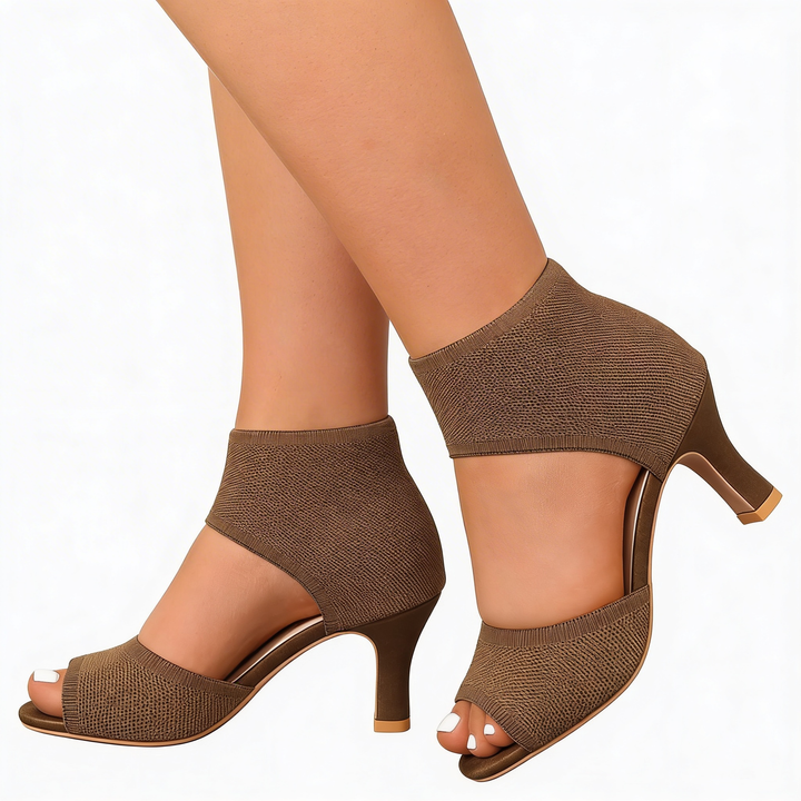 Womens brown open toe heels with ankle cuff design and textured knit upper