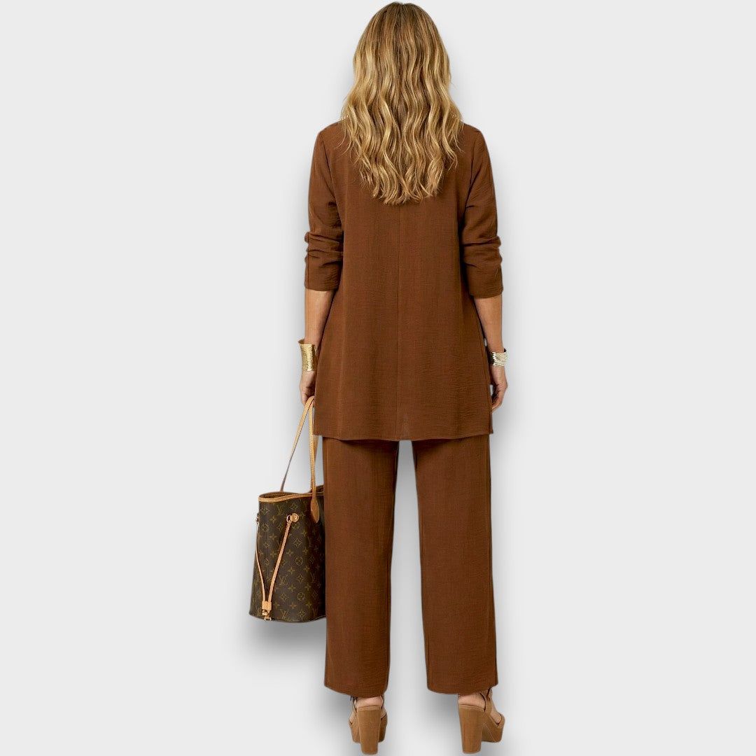 Womens brown three piece lounge set with open front cardigan wide leg trousers and relaxed fit top