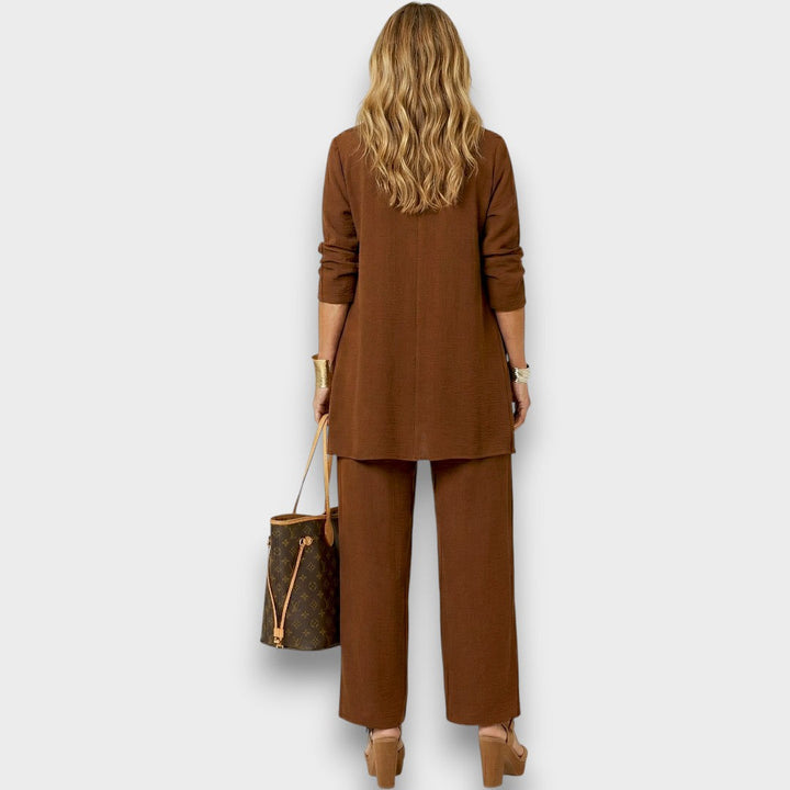 Womens brown three piece lounge set with open front cardigan wide leg trousers and relaxed fit top