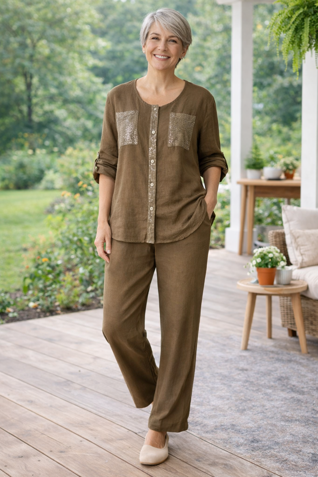 Womens button front lounge set featuring a long sleeve top with decorative pocket details and matching relaxed fit trousers
