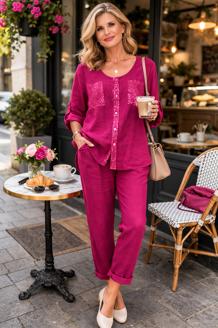 Womens button front lounge set featuring a long sleeve top with decorative pocket details and matching relaxed fit trousers