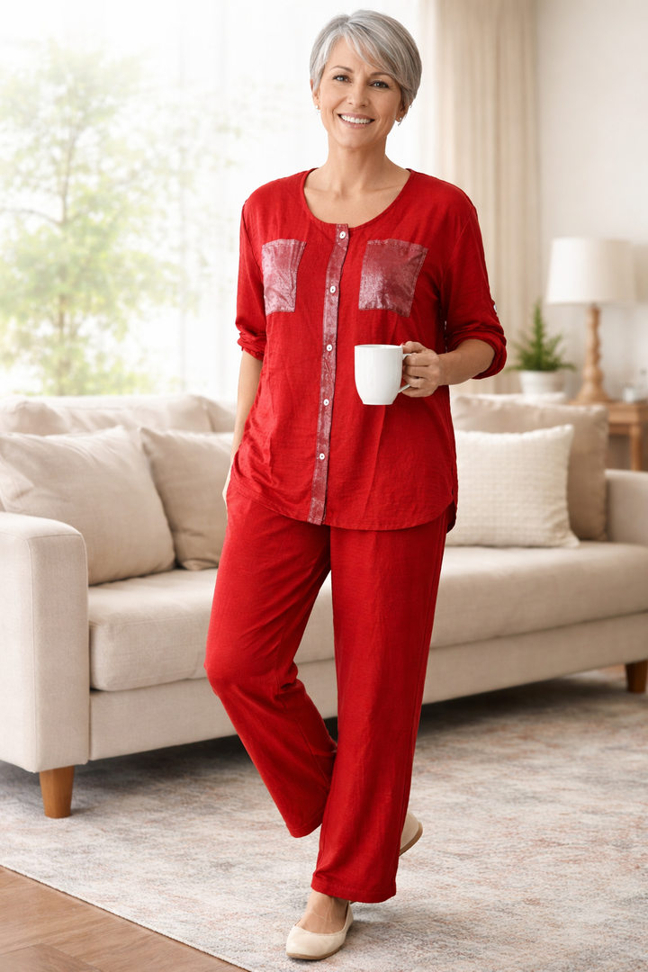 Womens button front lounge set featuring a long sleeve top with decorative pocket details and matching relaxed fit trousers