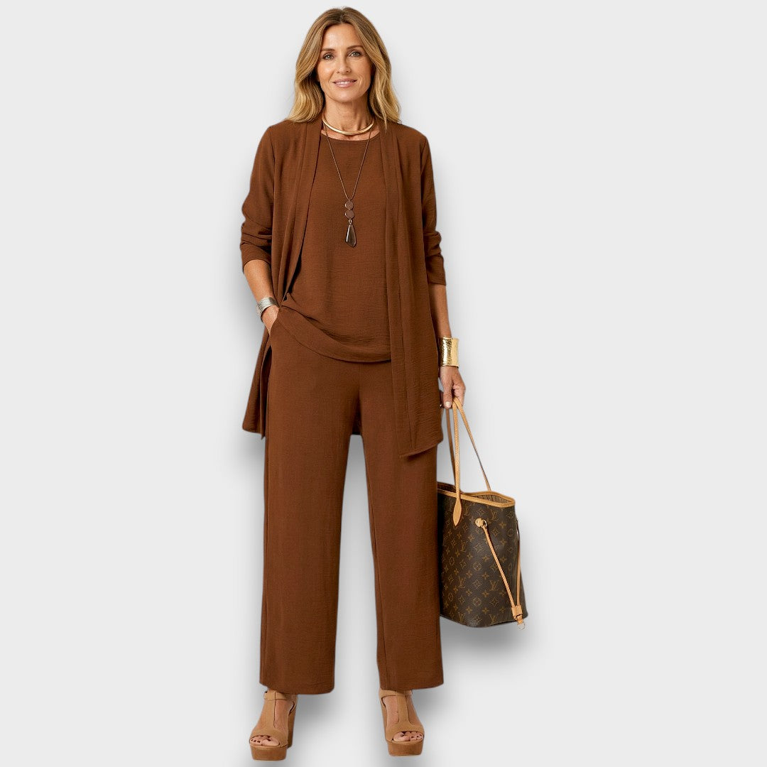 Womens caramel brown three piece lounge set with open front cardigan wide leg trousers and relaxed fit top