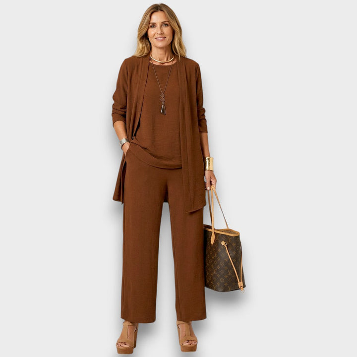 Womens caramel brown three piece lounge set with open front cardigan wide leg trousers and relaxed fit top