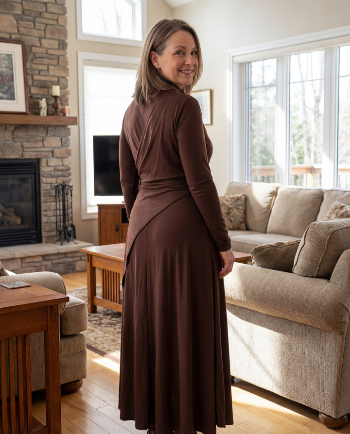 Womens chocolate brown maxi dress with long sleeves and draped wrap detail