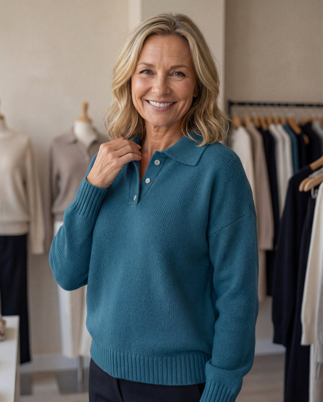 Womens collared knit pullover sweater with long sleeves, button neckline and ribbed hem styled in a casual boutique setting