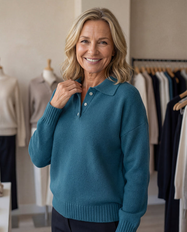 Womens collared knit pullover sweater with long sleeves, button neckline and ribbed hem styled in a casual boutique setting