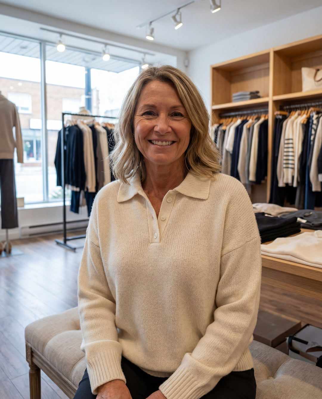 Womens collared knit pullover sweater with long sleeves, button placket and relaxed fit styled in a contemporary clothing boutique
