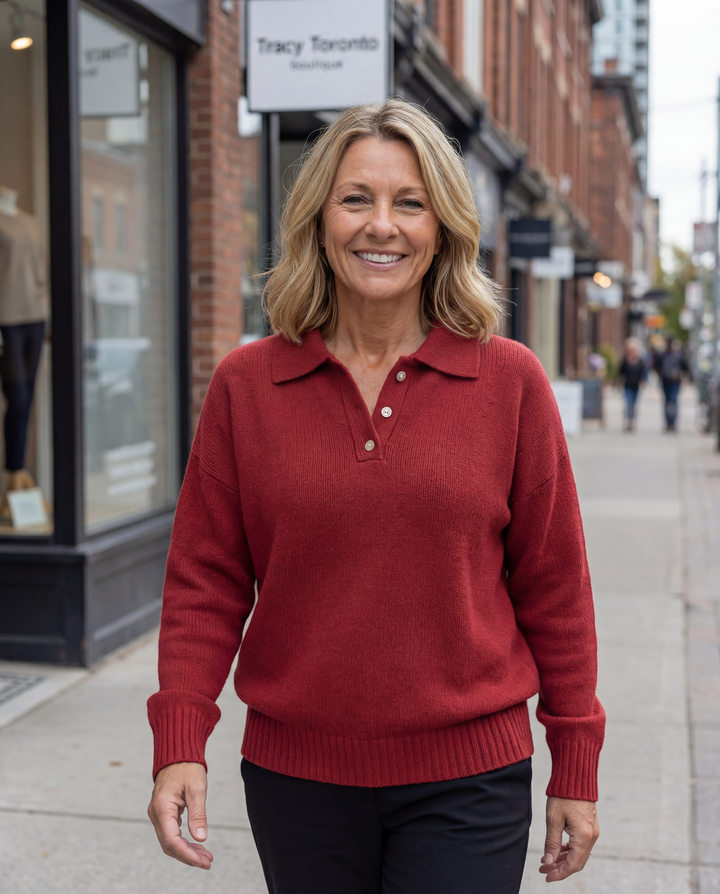 Womens collared knit pullover sweater with long sleeves, button placket and ribbed trim styled for casual everyday wear on a city street