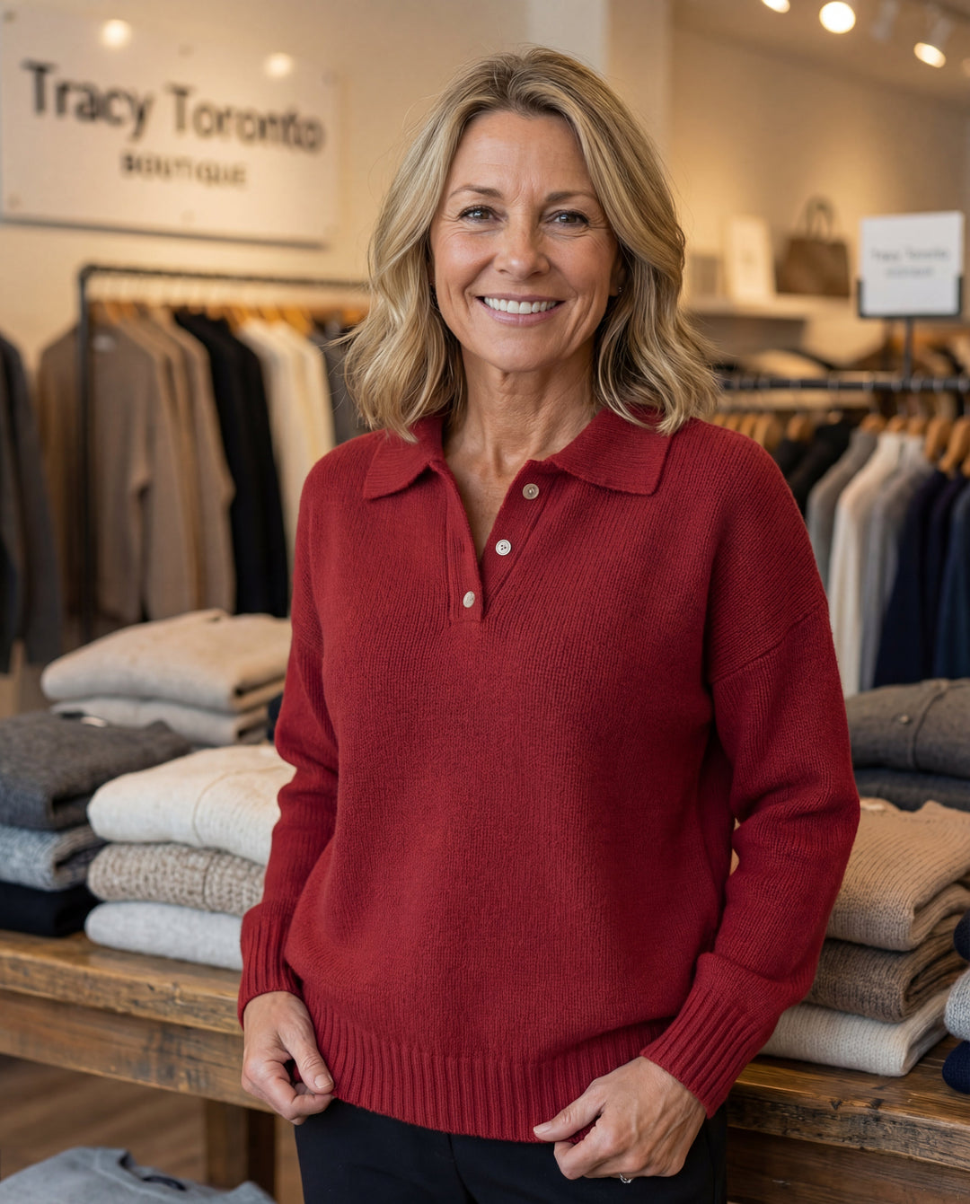 Womens collared knit pullover sweater with long sleeves, button placket and ribbed hem displayed in a boutique retail setting