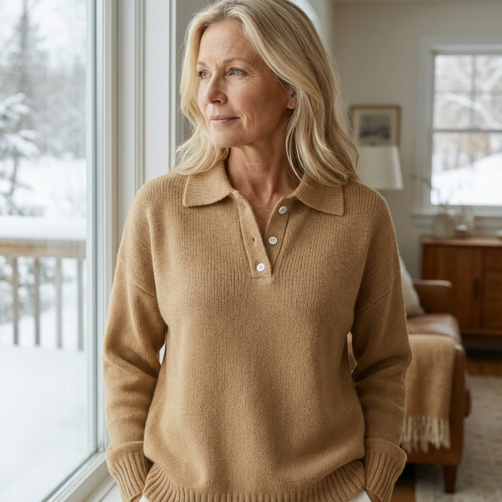 Womens collared knit pullover sweater with long sleeves, button placket and ribbed trim styled indoors near a window
