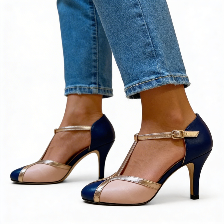 Womens colour block ankle strap heels with T strap design, rounded toe and metallic trim detailing