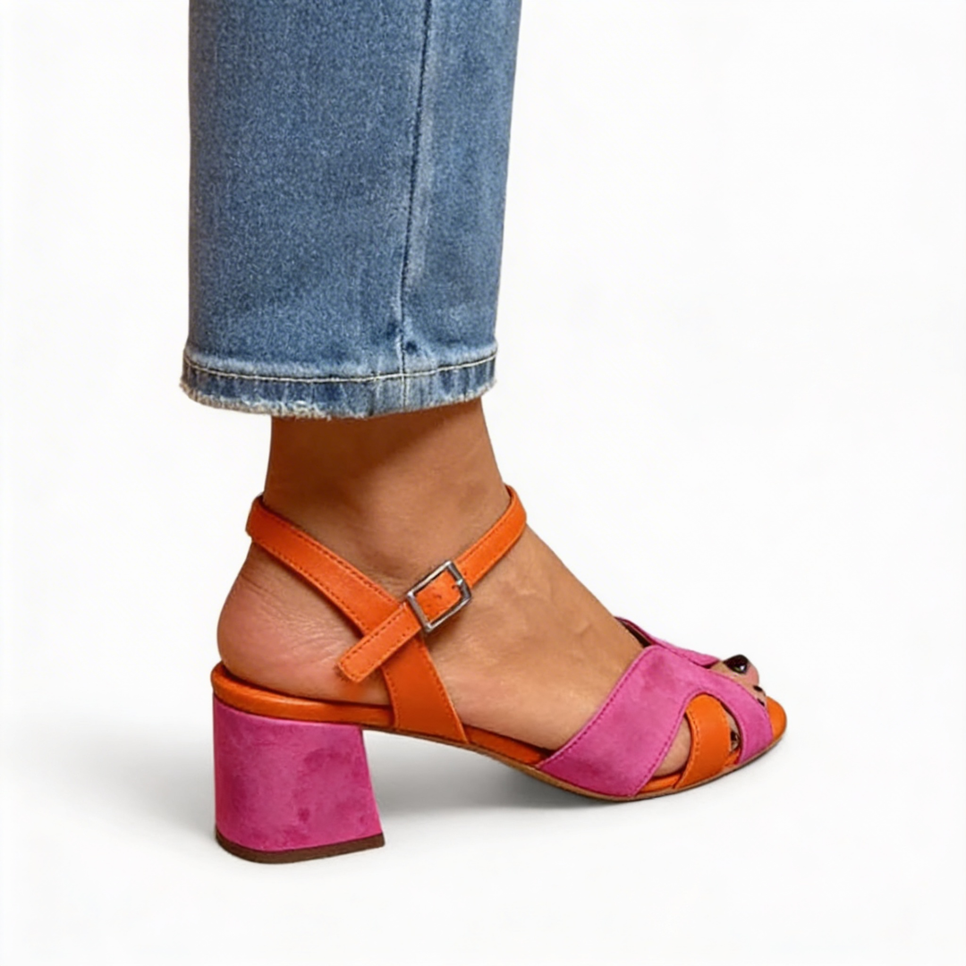 Womens colour block block heel sandals with crossover open toe straps and adjustable ankle fastening