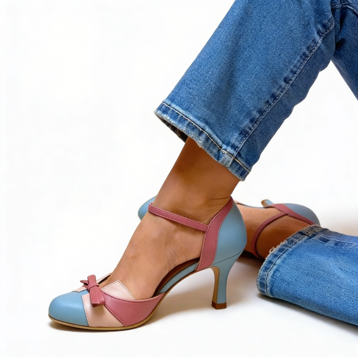 Womens colour block bow kitten heels with ankle strap fastening and rounded toe design