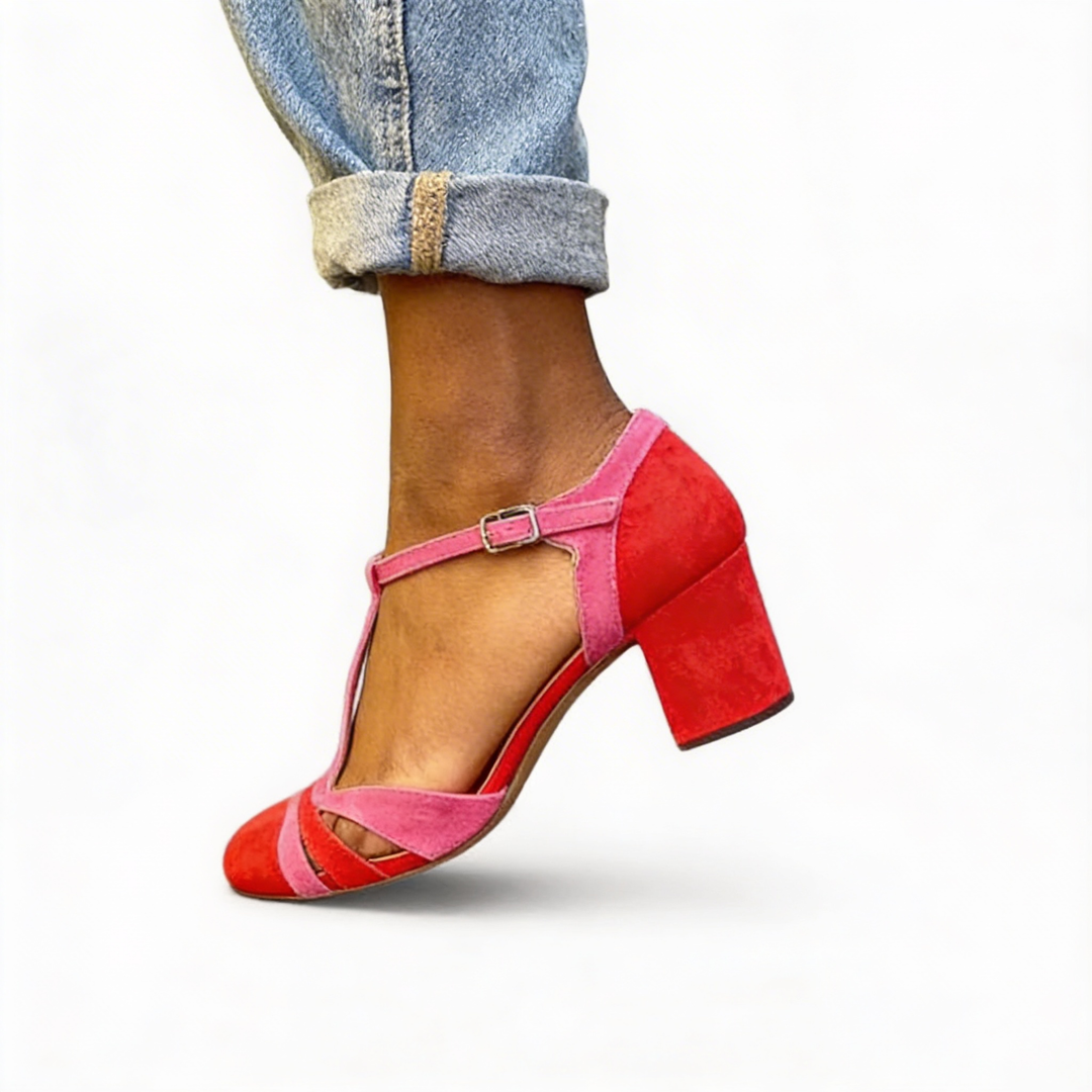 Womens colour block cutout heels with T strap detail, peep toe design and block heel