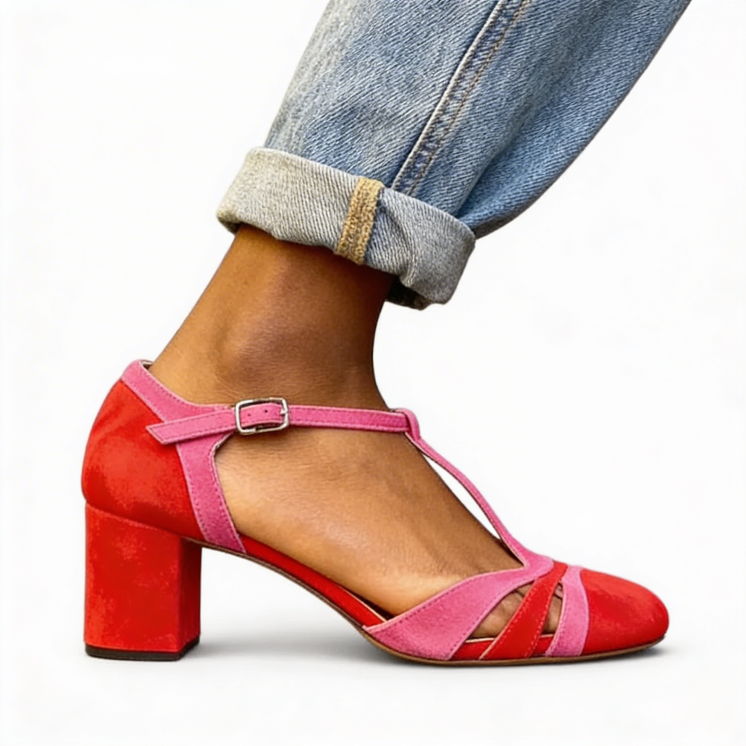 Womens colour block T strap block heels with peep toe design and multi strap front detail