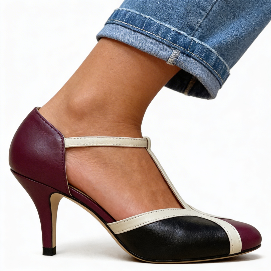 Womens colour block T strap court heels with rounded toe design and contrast panel detailing
