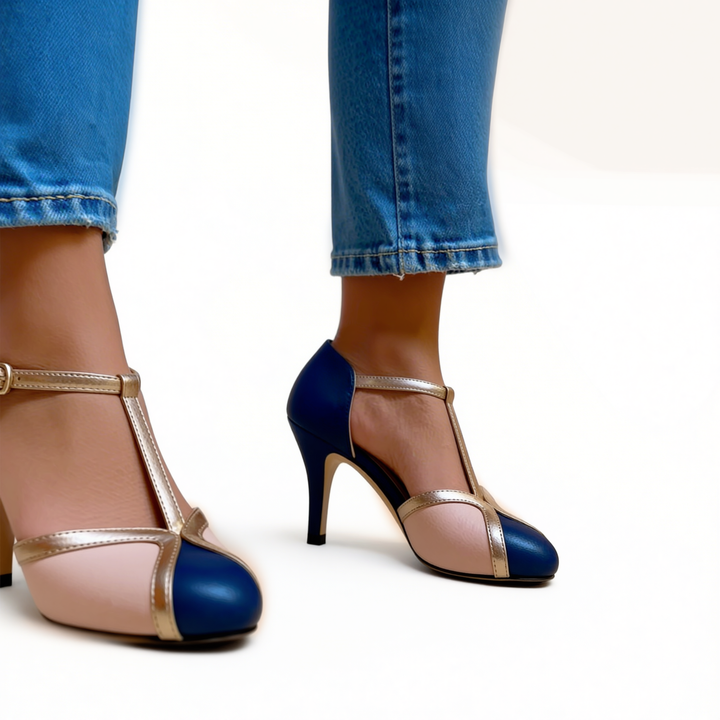 Womens colour block T strap heels with rounded toe design and metallic trim detailing