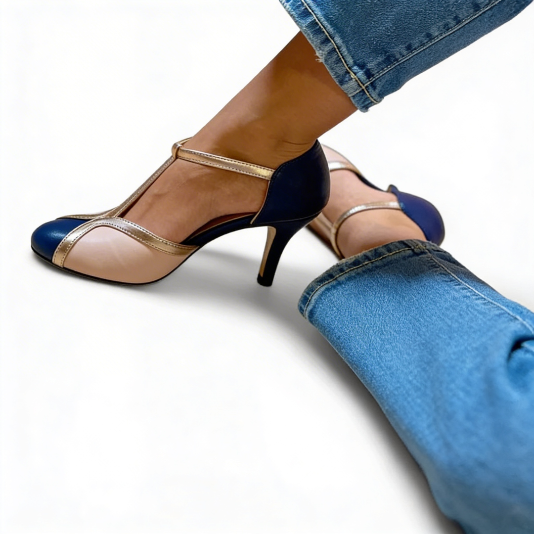 Womens colour block T strap kitten heels with pointed toe design and contrast panel detailing