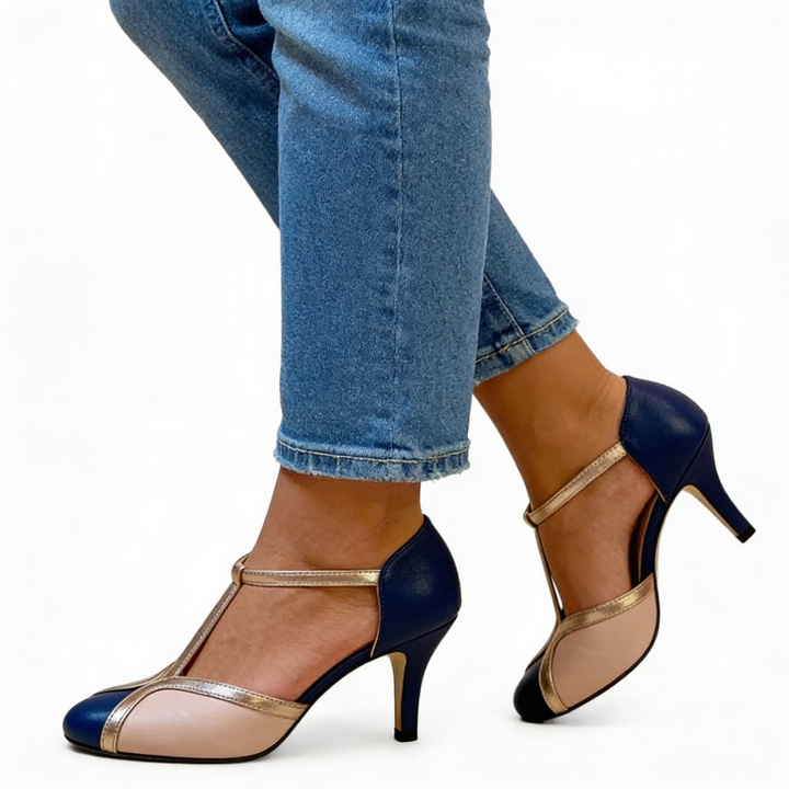 Womens colour block T strap kitten heels with rounded toe design and metallic trim detailing