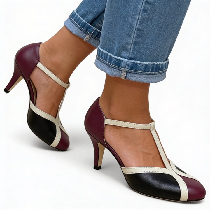 Womens colour block vintage heels with T strap design, rounded toe and contrast panel detailing